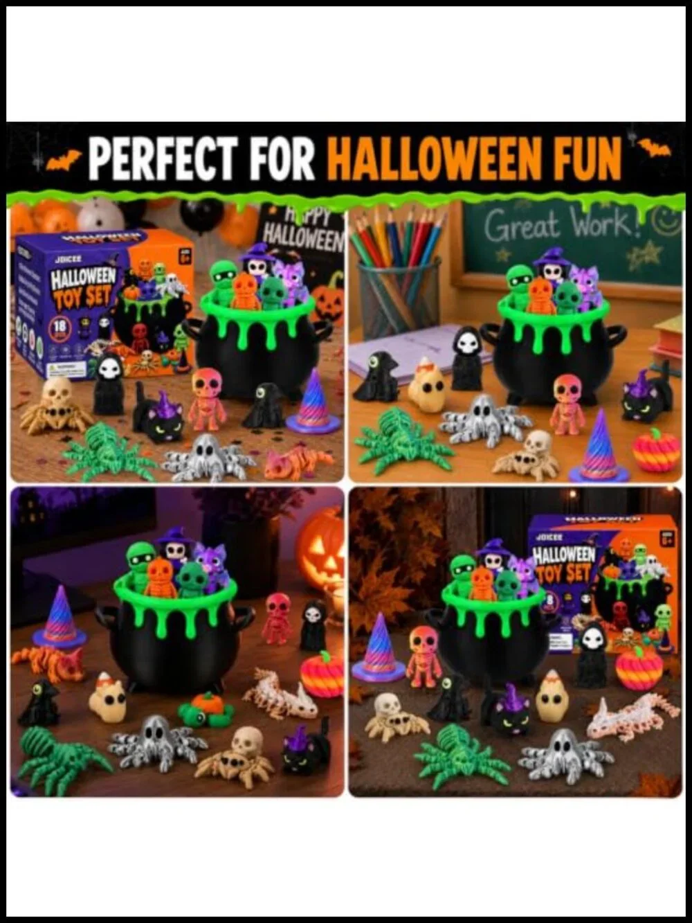 18Pcs Halloween 3D Printed Animals with Cauldron, Fidget Toys, Stress Relief